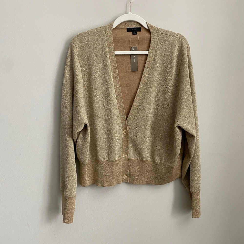 J Crew Metallic Merino Wool Cropped Cardigan Womens 3X Gold Shimmer Holiday Glam